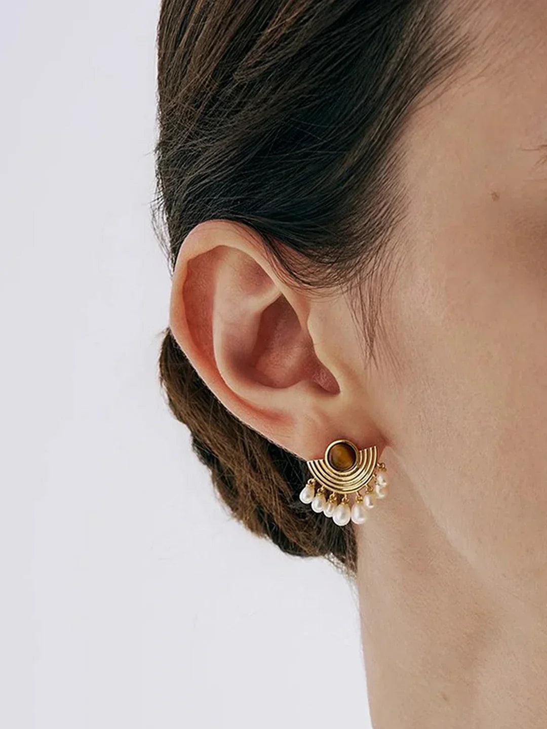 Elegant Pearl and Tiger Eye Earrings - LA FEMME WANDERER