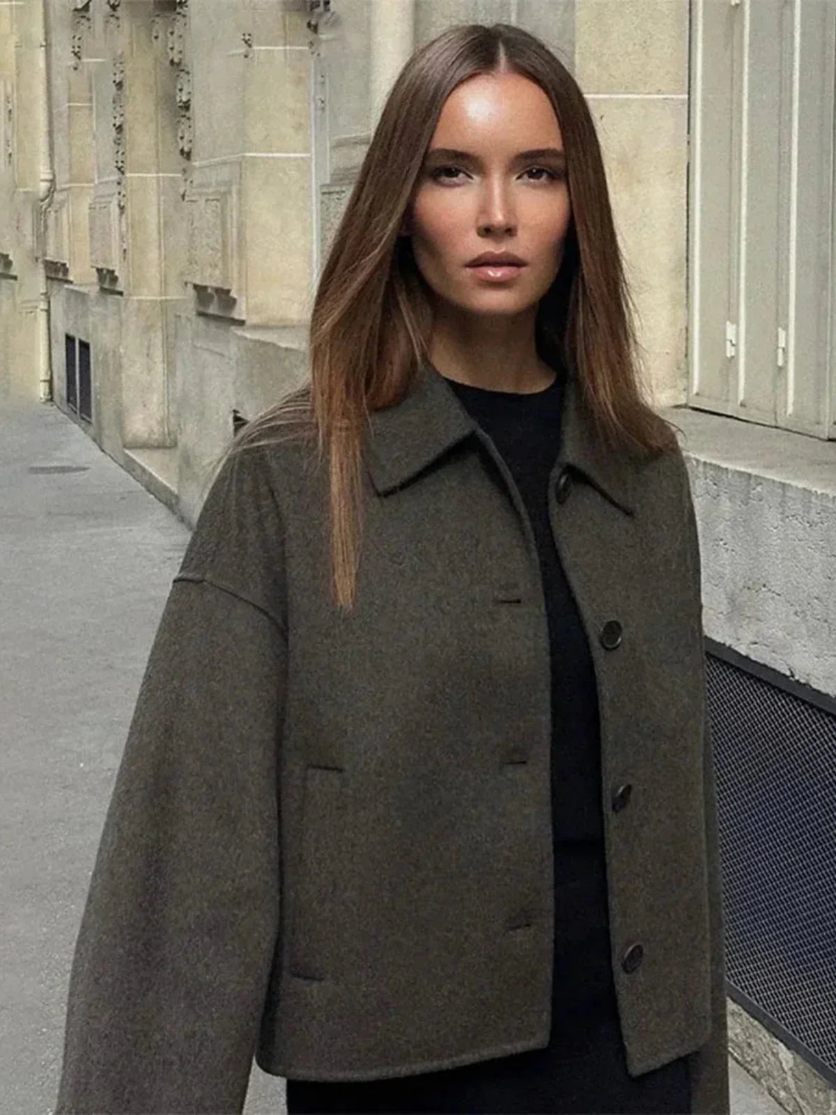 Taupe Woolen Short Coat - LA FEMME WANDERER