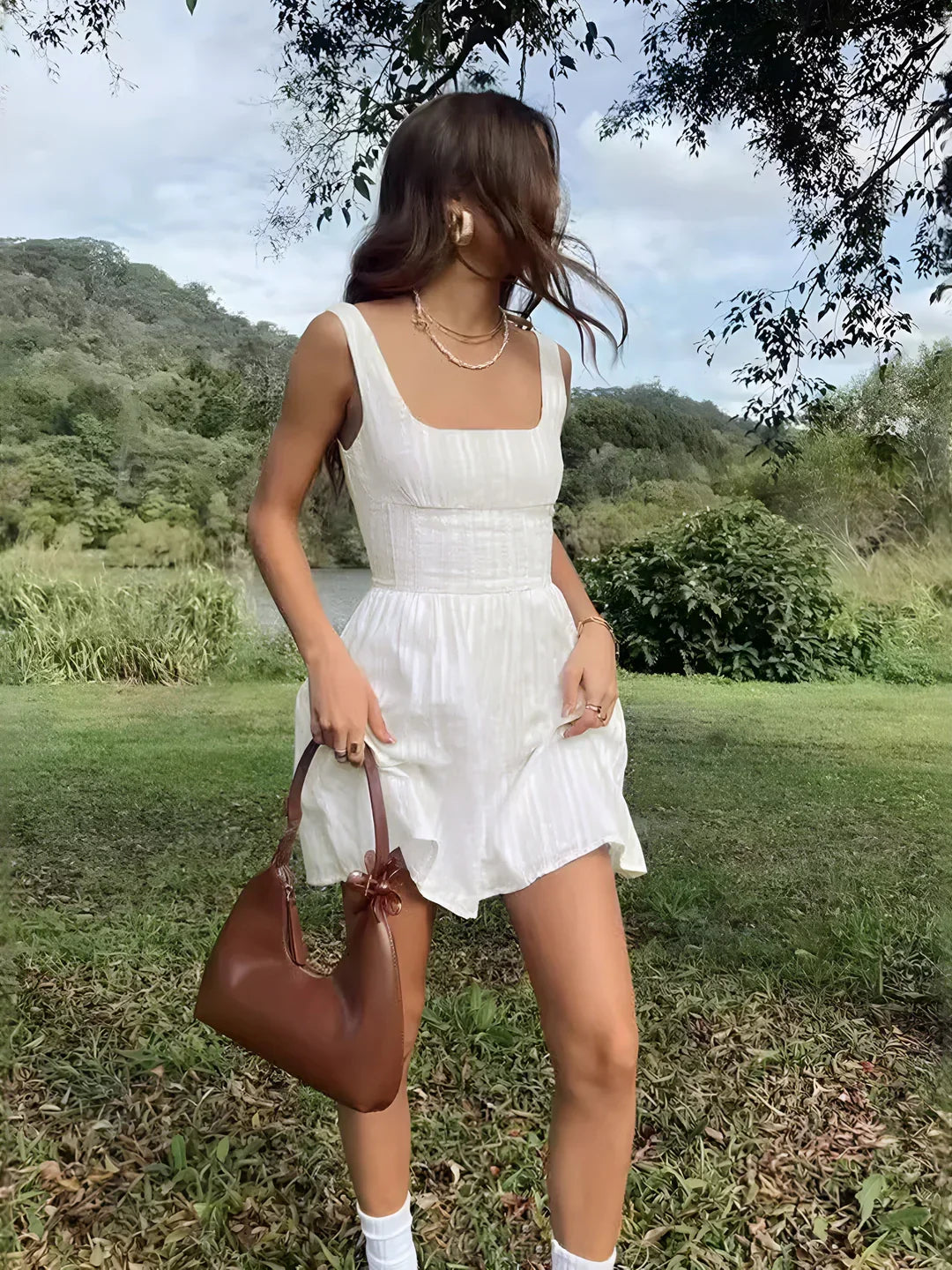 Semi-Sheer Solid Square Neckline Short Dress - LA FEMME WANDERER