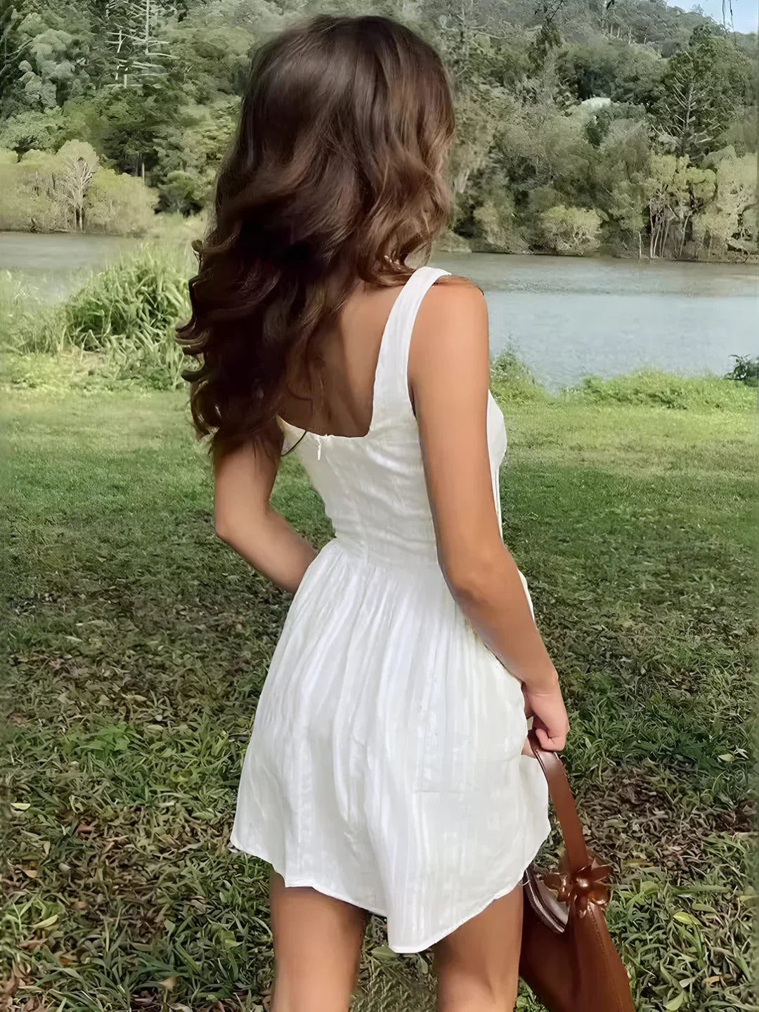 Semi-Sheer Solid Square Neckline Short Dress - LA FEMME WANDERER