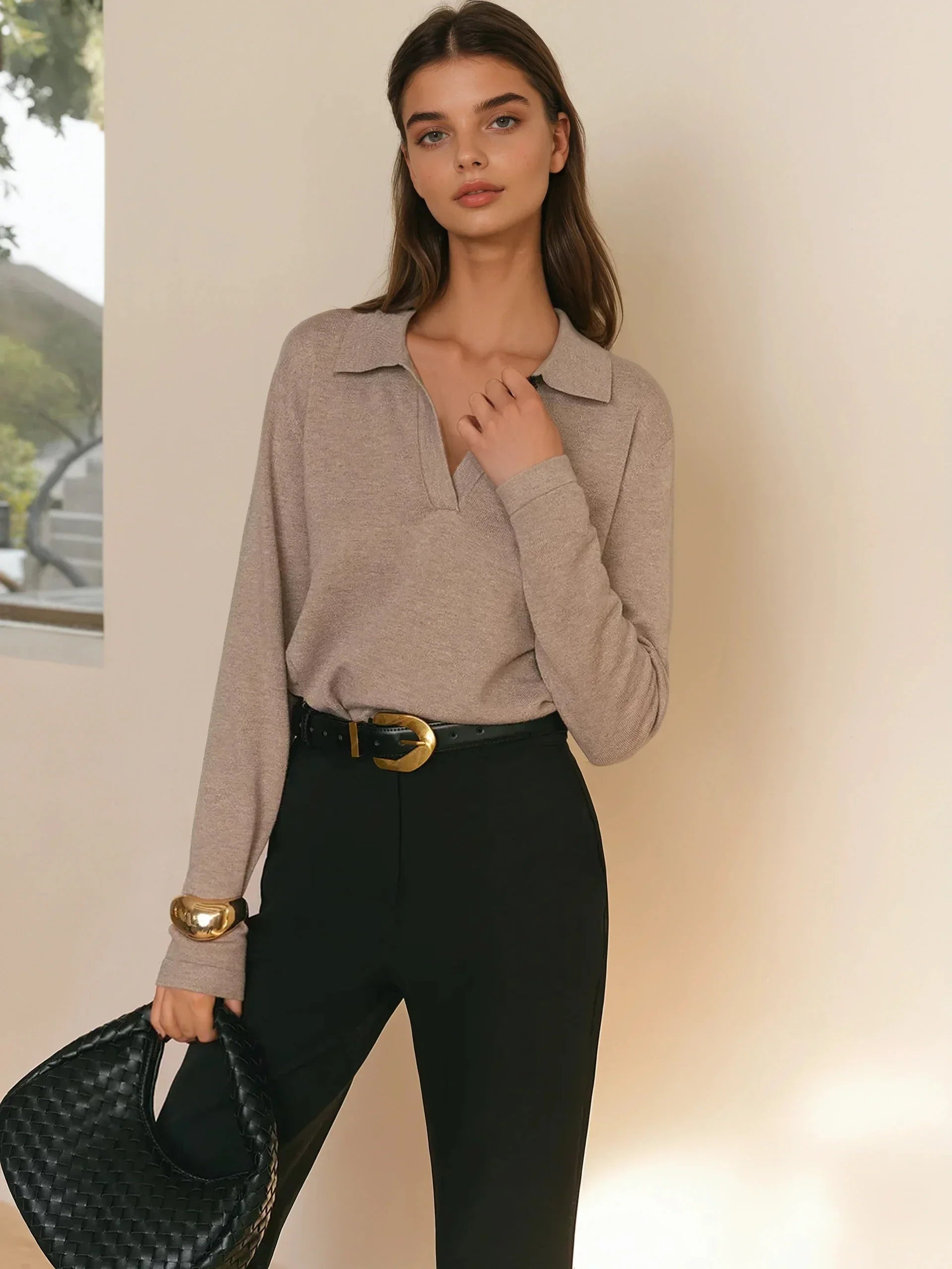 Solid Color Lapel Sweater Temperament Elegant Long Sleeve Retro - LA FEMME WANDERER
