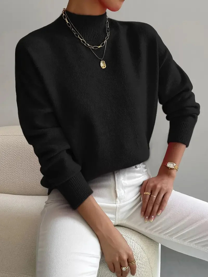 Half Turtleneck Solid Color Long Sleeve Knitted Sweater - LA FEMME WANDERER