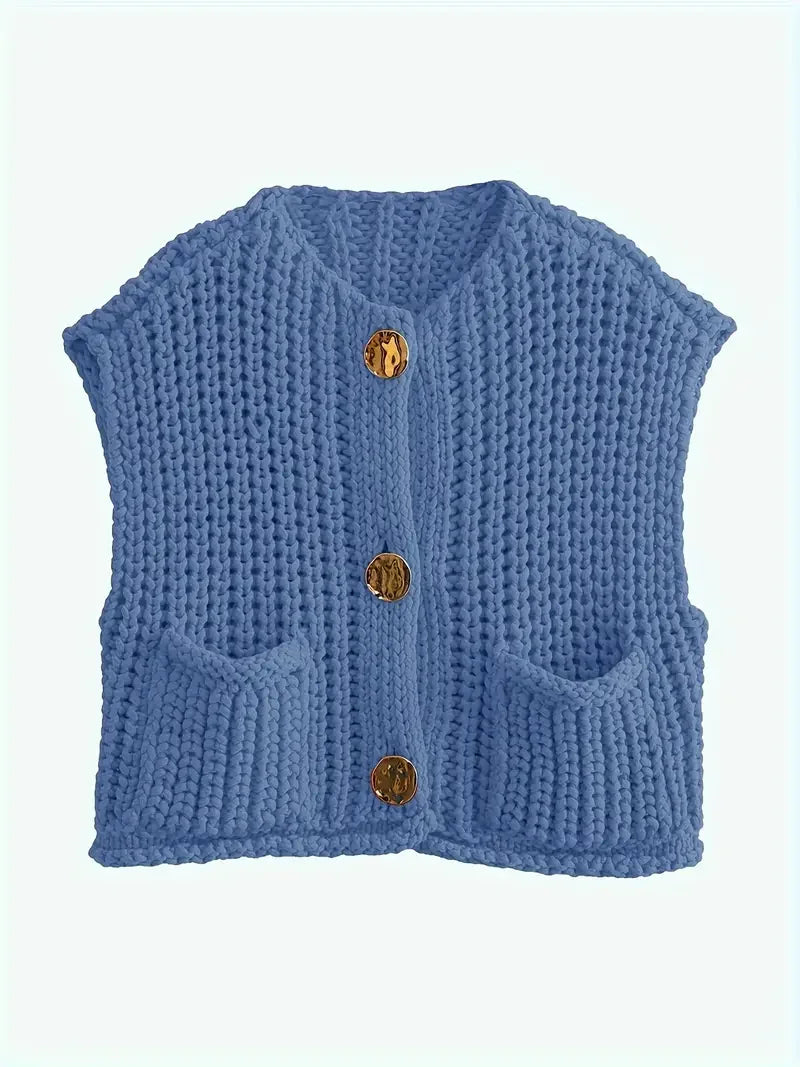 Pocket Sleeveless Short Knitted Cardigan Vest - LA FEMME WANDERER