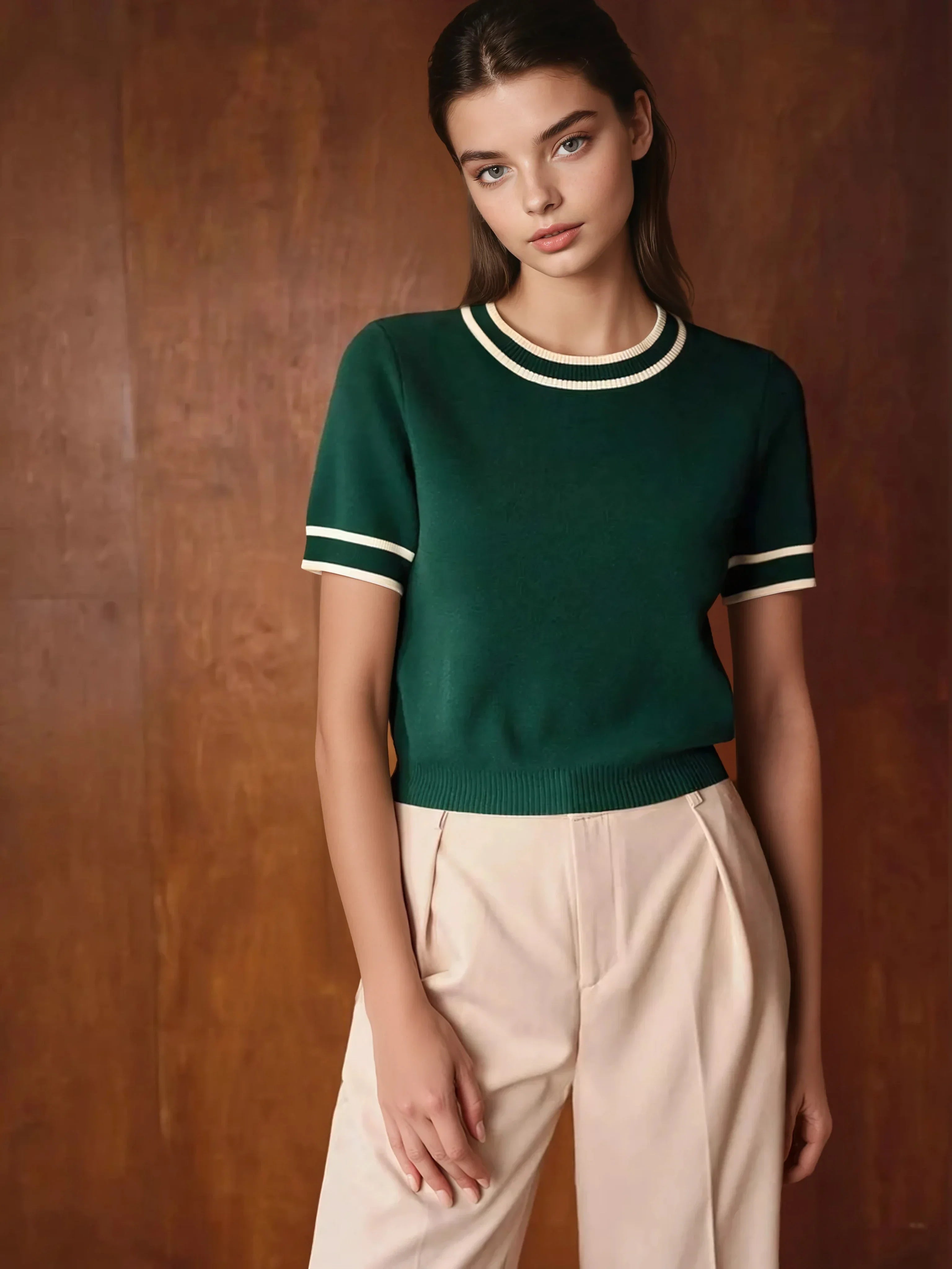 Knit Top With Contrast Trim Short Sleeves Modern Fit - LA FEMME WANDERER