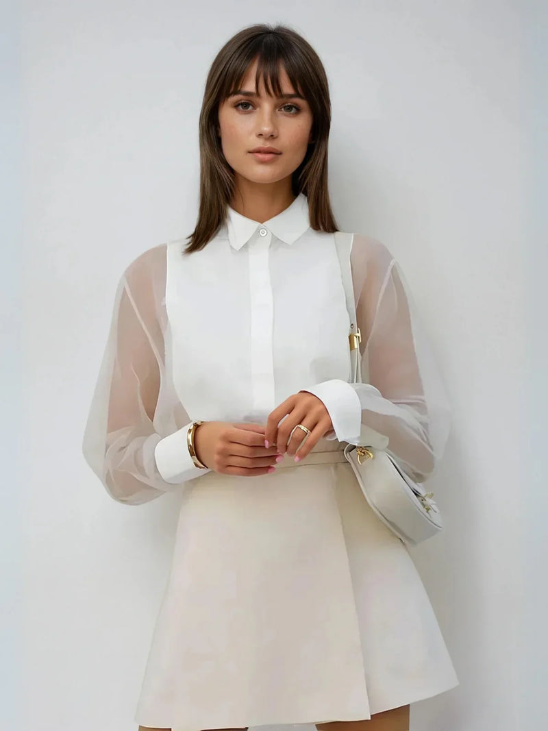 Top transparente de organza con solapa y mangas abullonadas