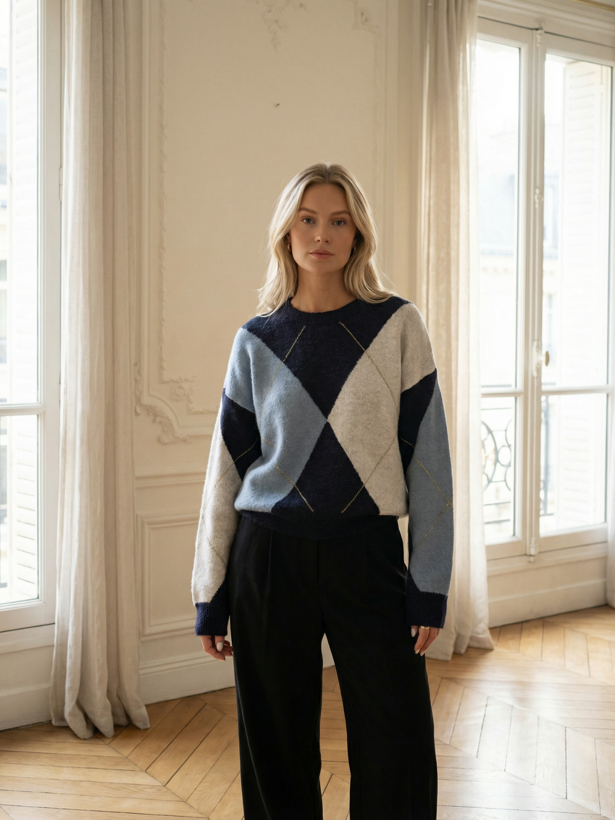 Jersey de punto con bloques de color y cuadrícula de diamantes