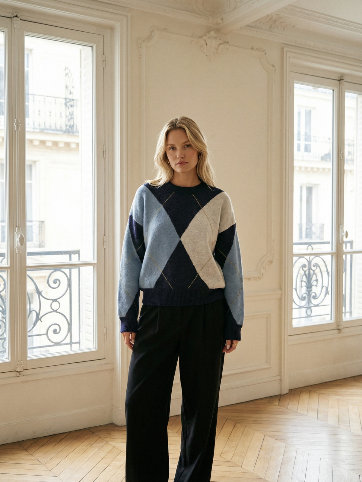 Jersey de punto con bloques de color y cuadrícula de diamantes