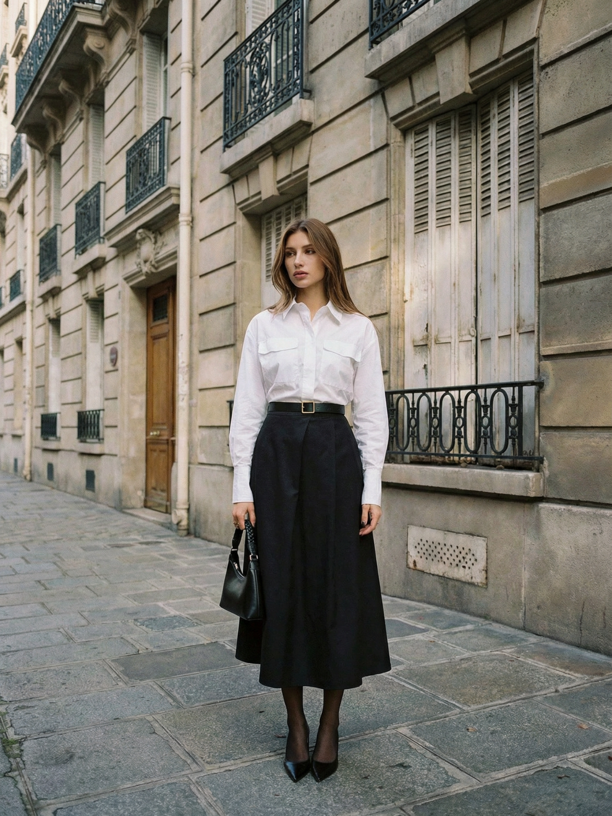 Falda larga con bolsillos delanteros y botones negros para uso en la oficina, elegante atuendo de negocios para mujer de otoño.