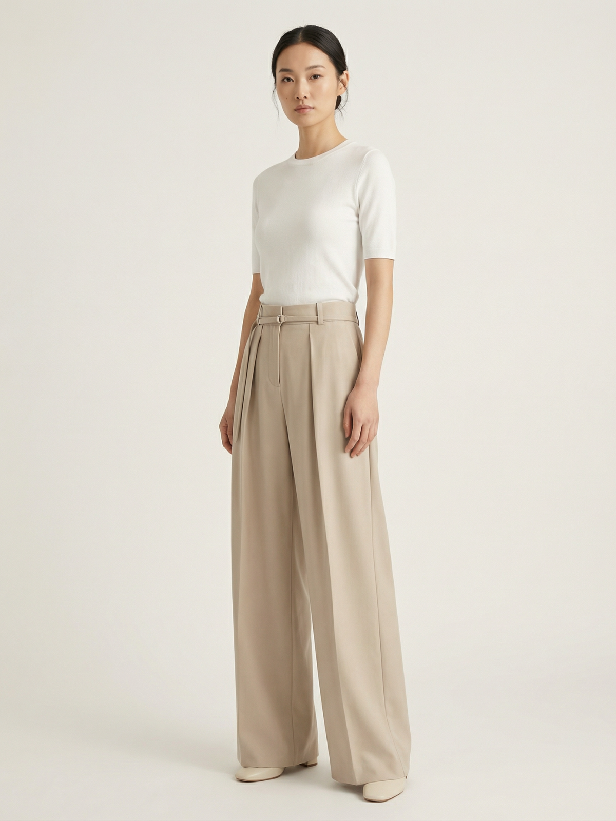 Women High Waist Pleated Wide Leg Belted Office Pants