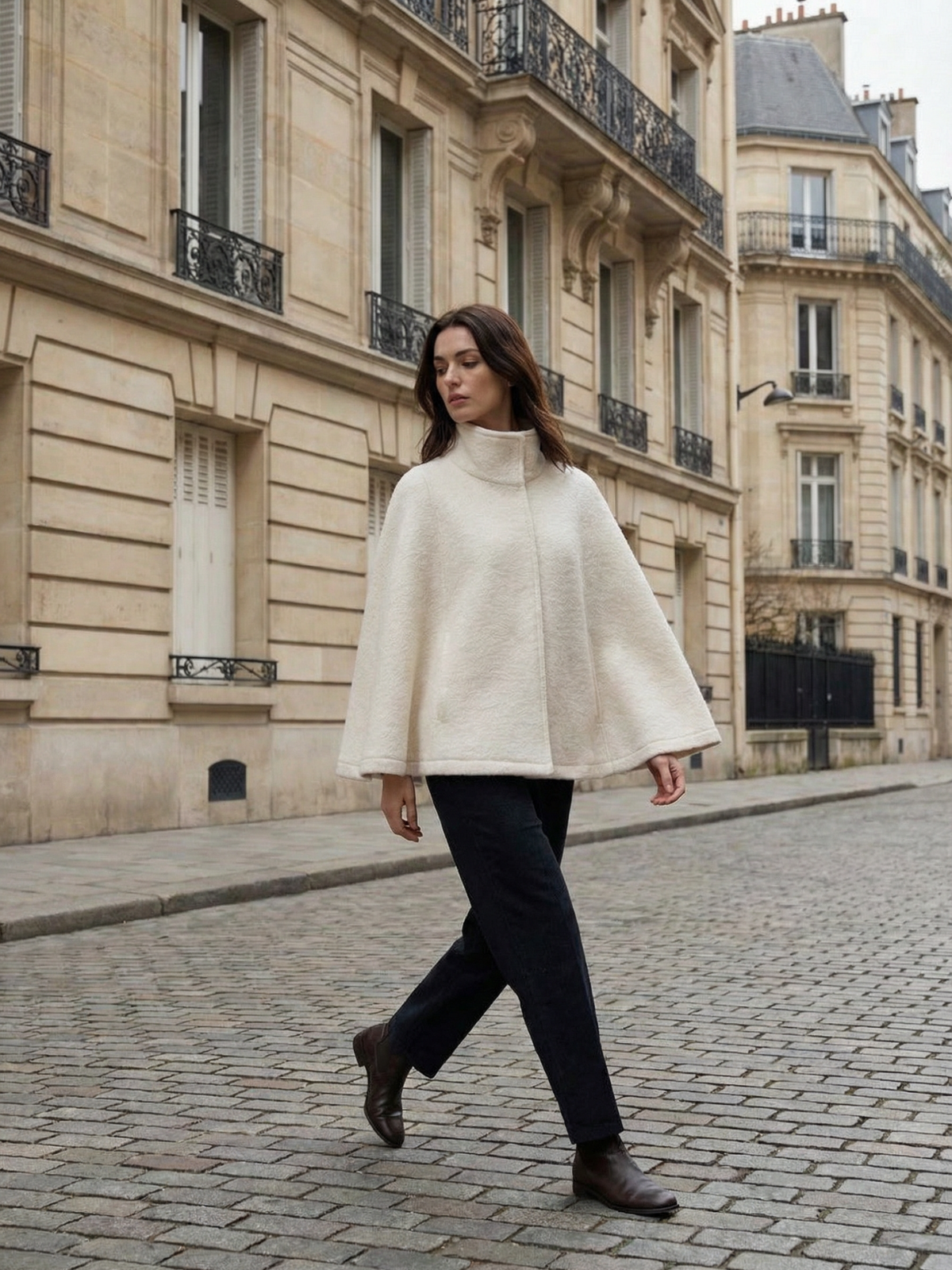 Chaqueta tipo capa de peluche con cuello alto y cremallera frontal