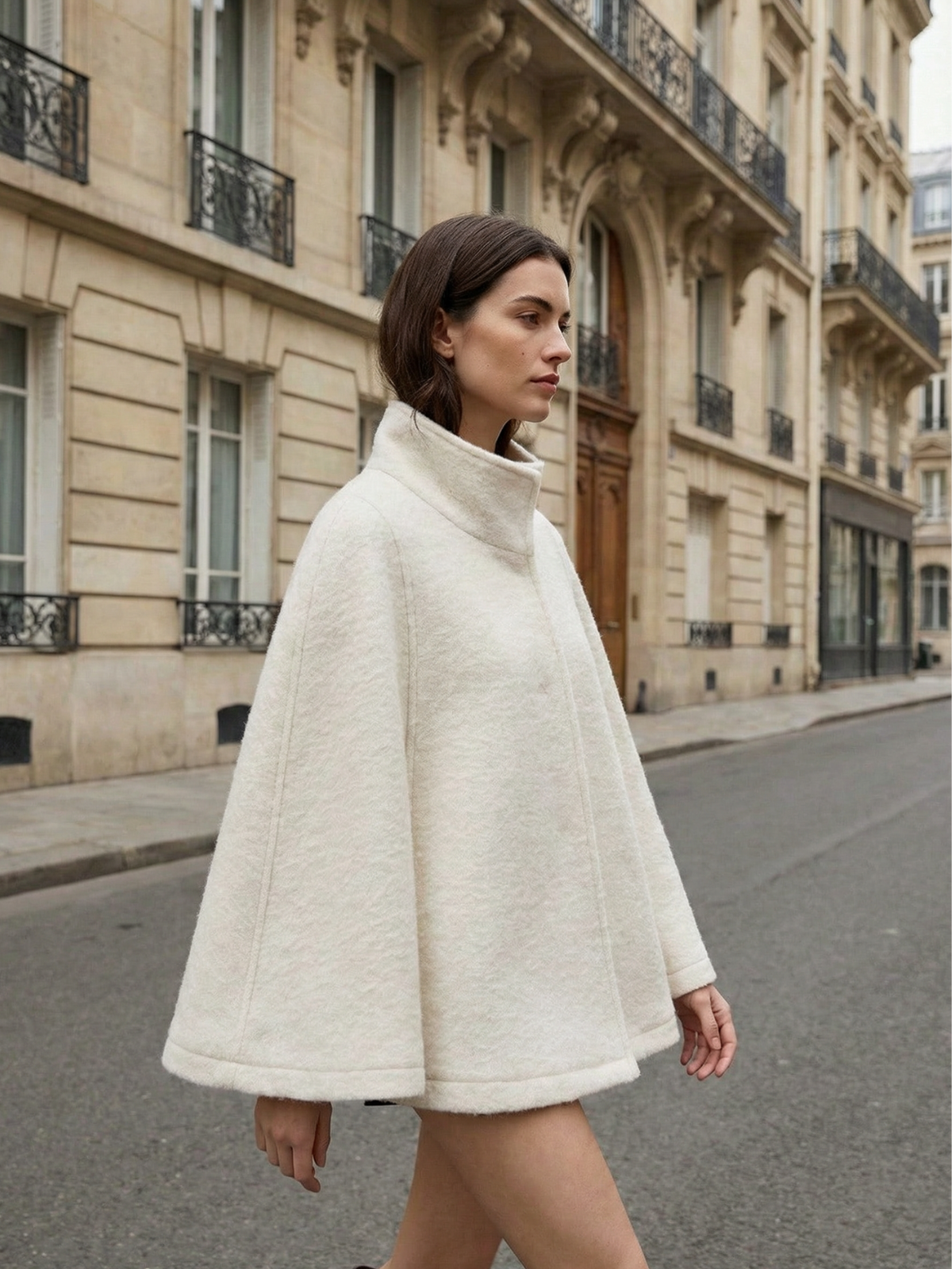 Chaqueta tipo capa de peluche con cuello alto y cremallera frontal