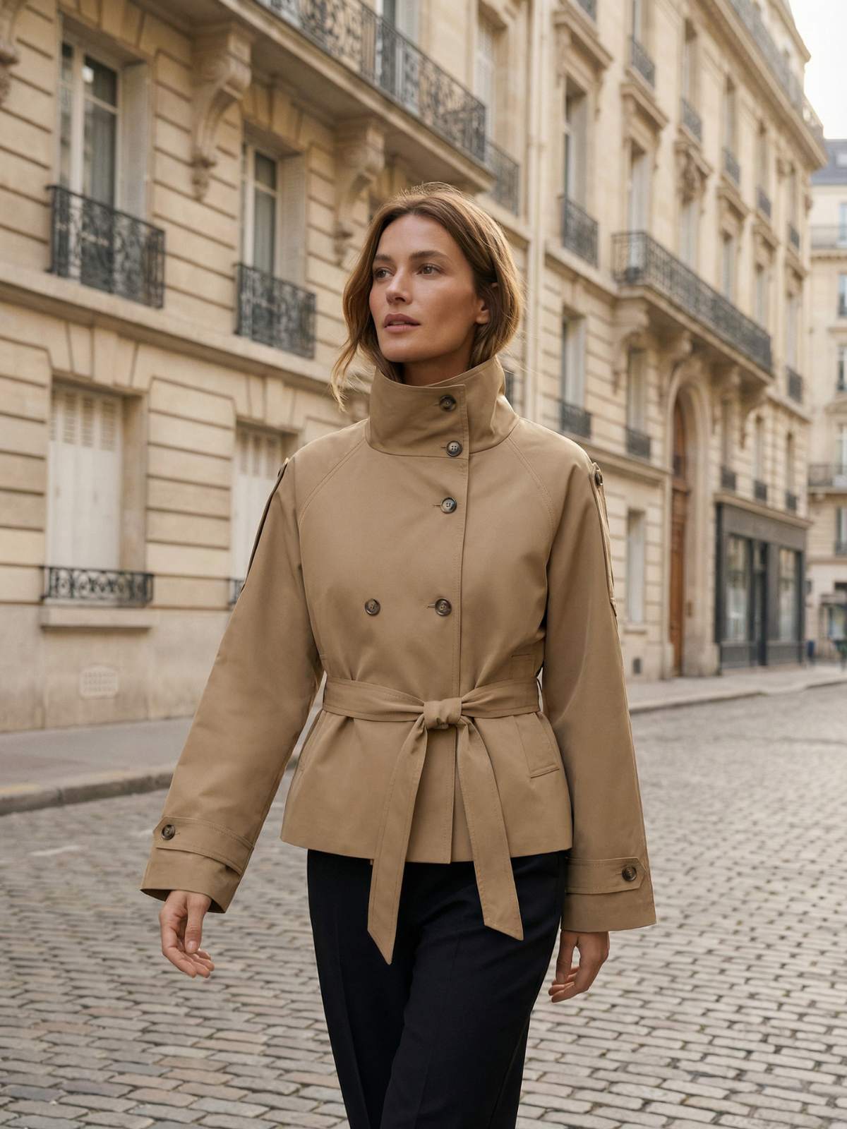 Gabardina cruzada con cordones color caqui