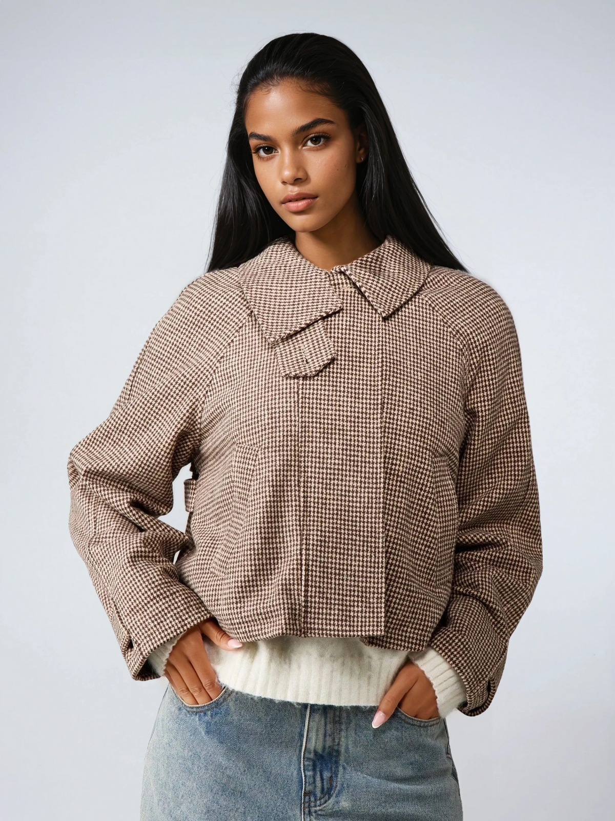 Chaqueta acolchada de pata de gallo con cuello alto, abrigo extragrande para clima frío