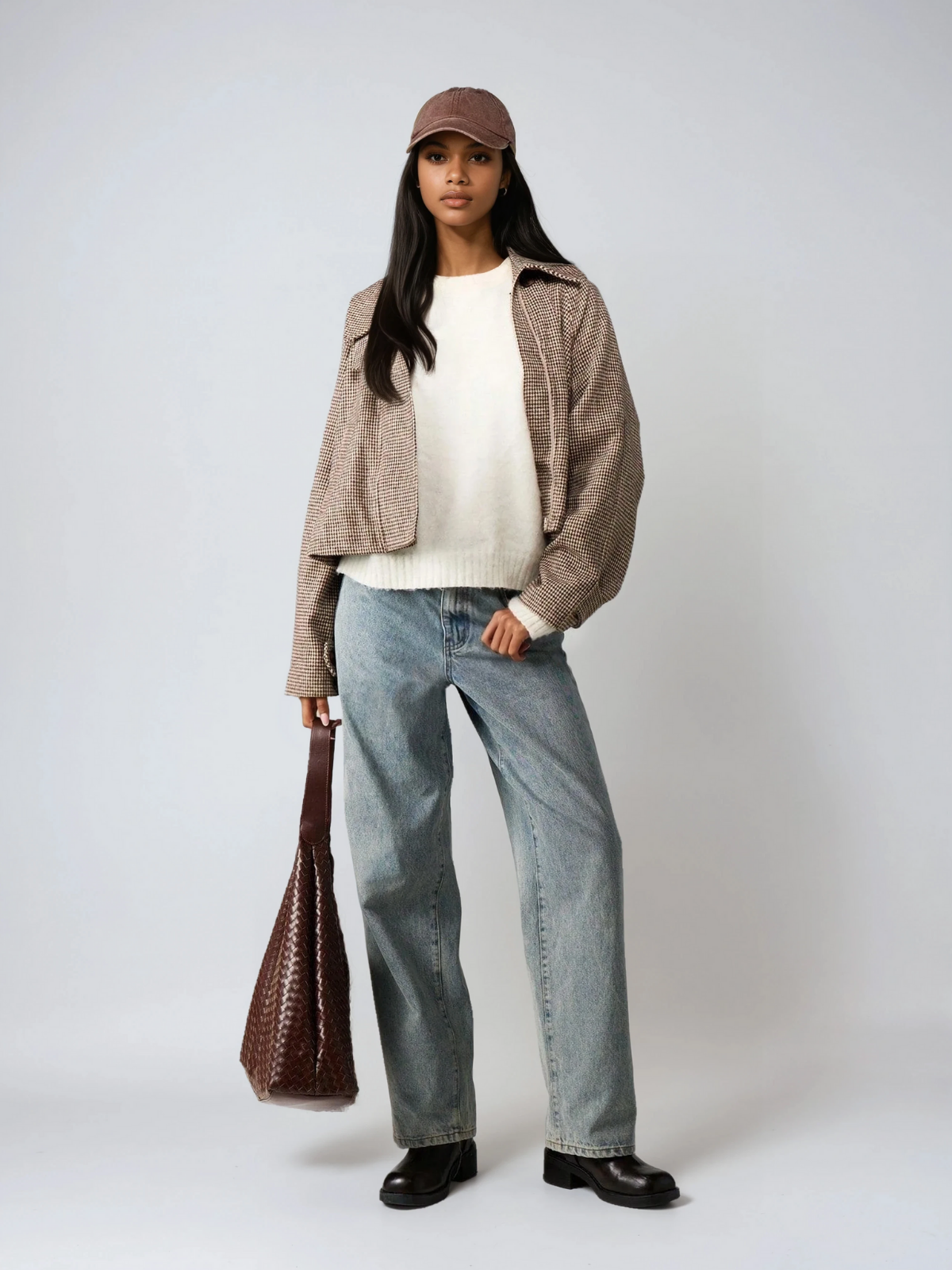 Chaqueta acolchada de pata de gallo con cuello alto, abrigo extragrande para clima frío