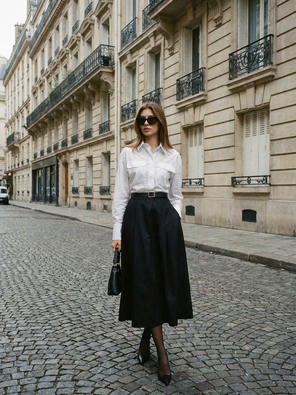 Falda larga con bolsillos delanteros y botones negros para uso en la oficina, elegante atuendo de negocios para mujer de otoño.