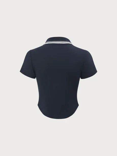 Navy Collar Short Sleeve Top - LA FEMME WANDERER
