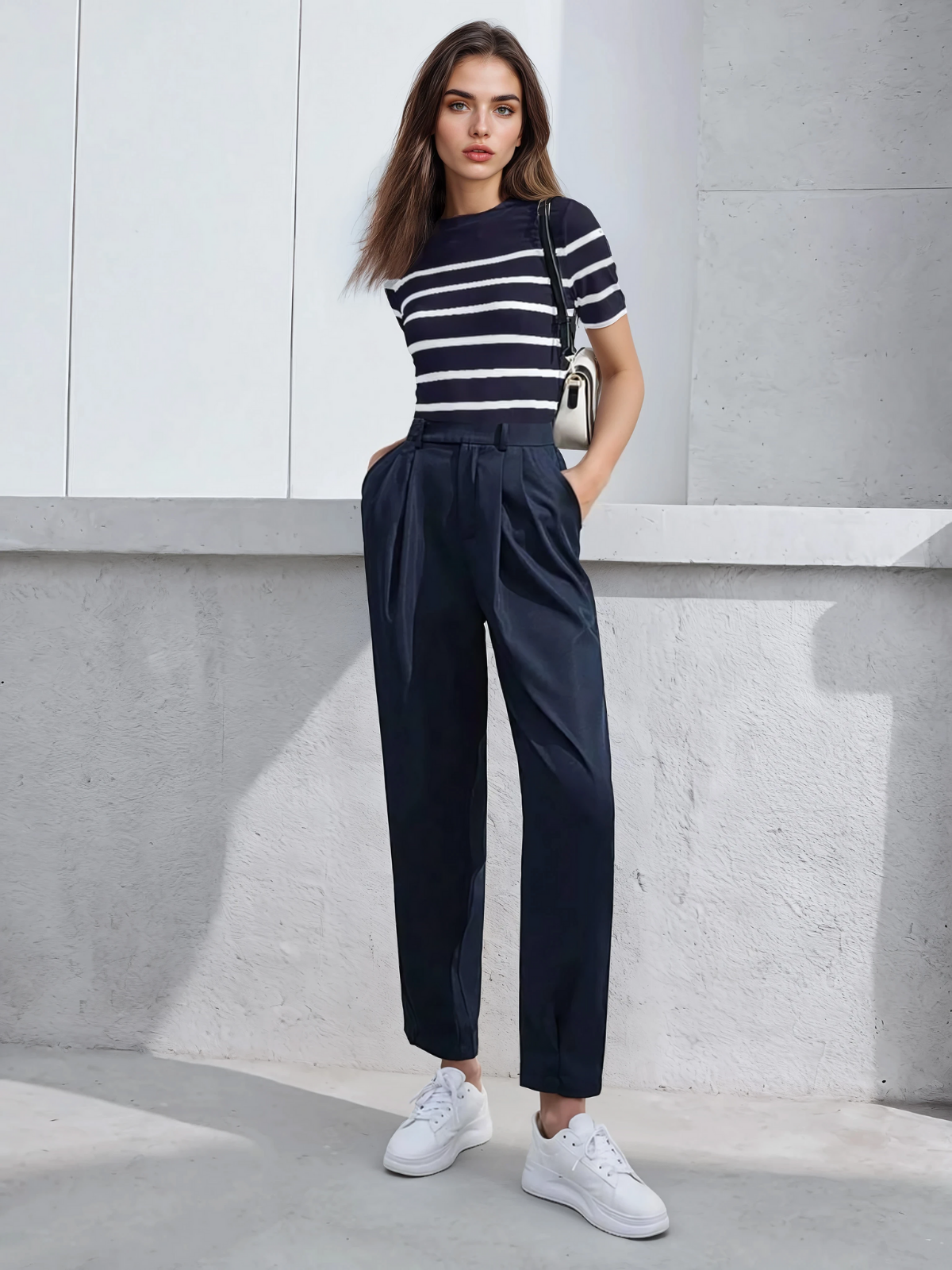 Top ajustado de cuello alto a rayas, estilo elegante y listo para la oficina