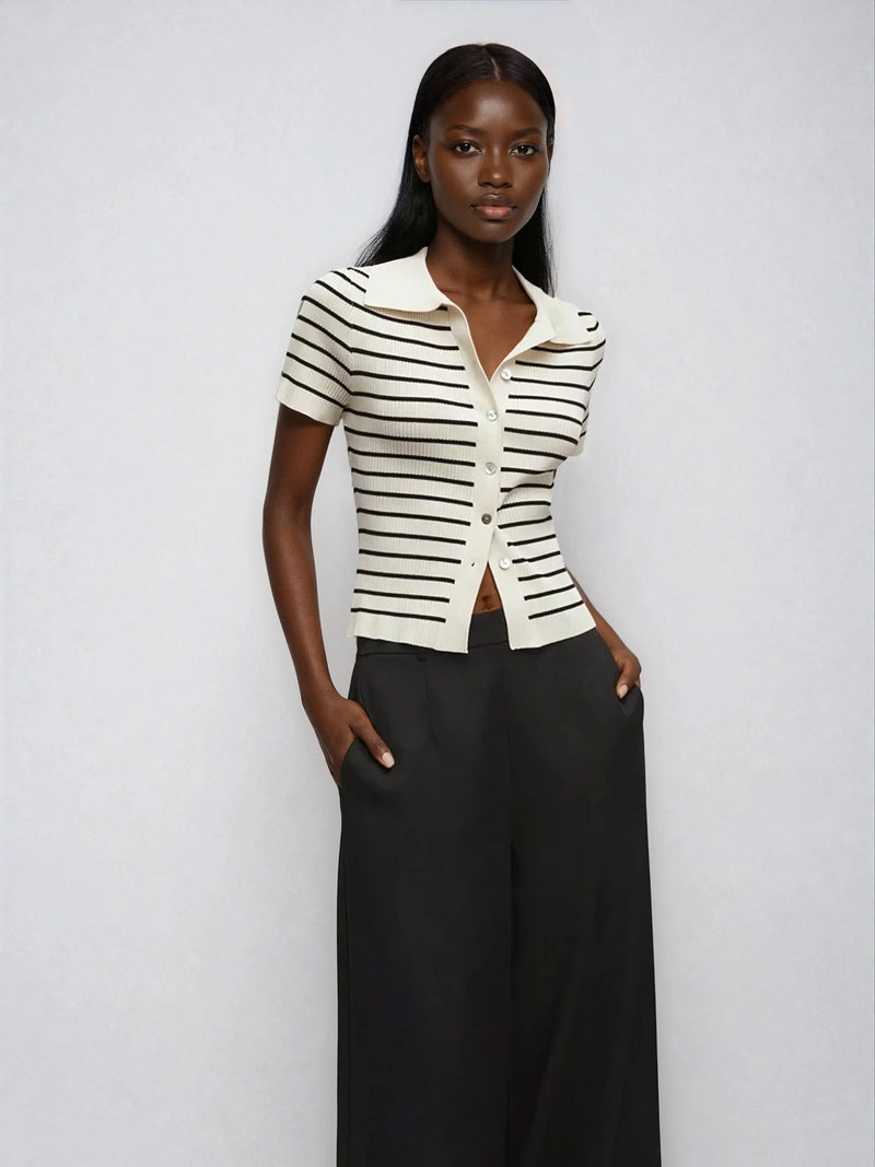 Suéter de punto de mezcla de cachemira con forro y cuello vuelto a rayas