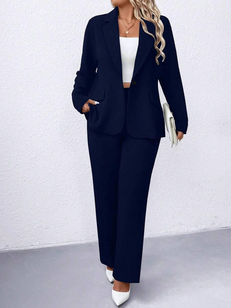 Plus Size Notched Collar Blazer Navy Workwear Casual