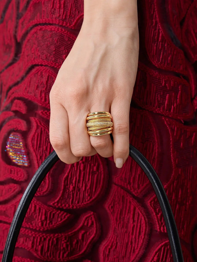 Rhinestone Layered Ring Sparkling Gold Tone Copper