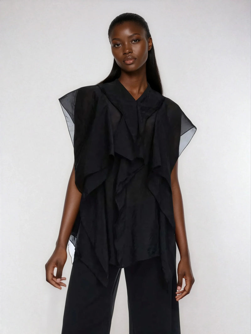 Blusa informal con botones al frente, de malla estilo bohemio con ribete de volantes y patchwork