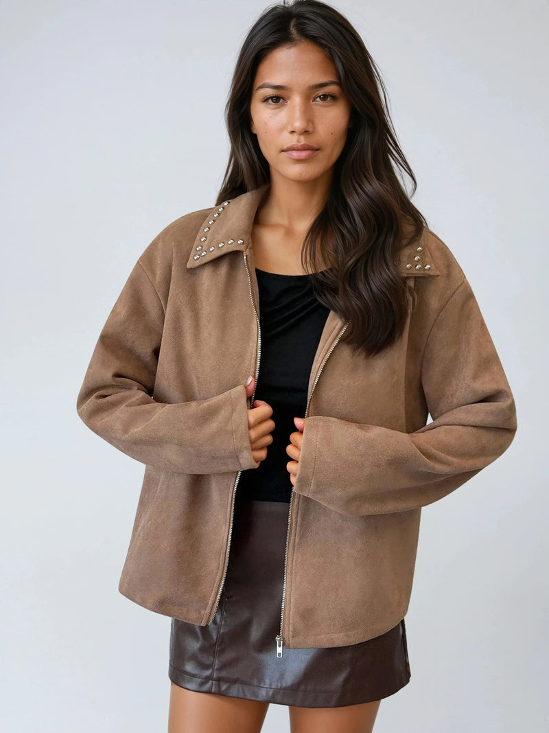 Chaqueta con cuello de cuentas y cremallera frontal de corte holgado informal