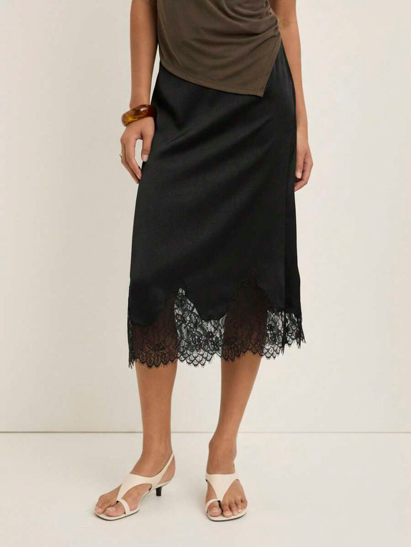 Elegant Black Asymmetrical Lace Hem Skirt With Fringe Plaid A Line For Night Out And Party Wear