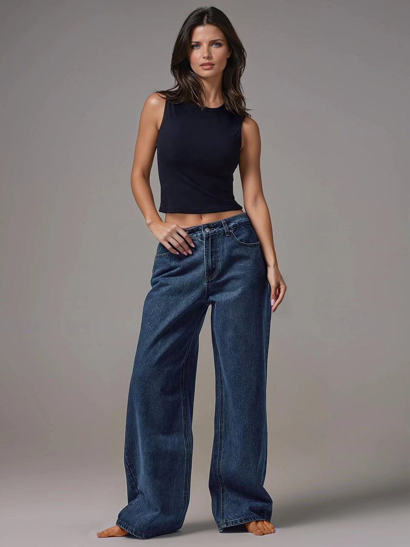 Mid Rise Wide Leg Denim Jeans With Silver Button Detail For Casual Everyday Wear