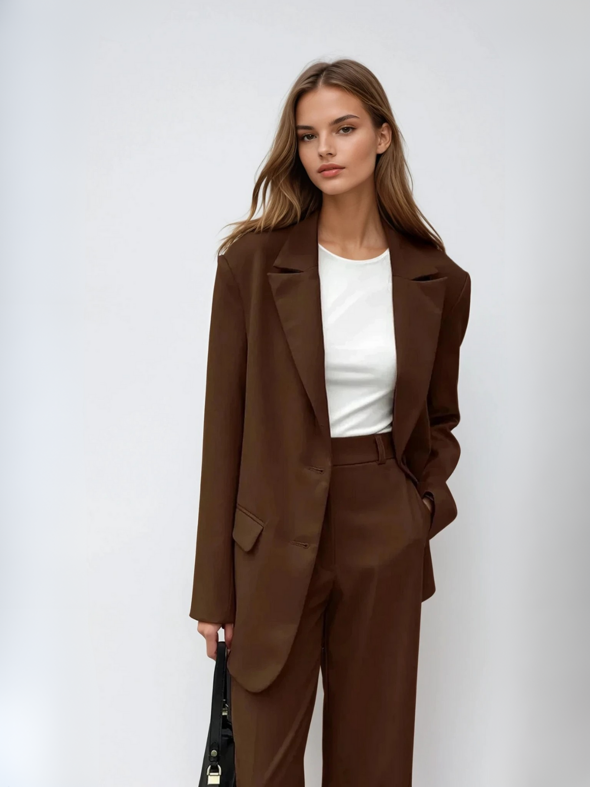 Mocha Vintage Blazer & Wide-leg Pants Matching Set - LA FEMME WANDERER