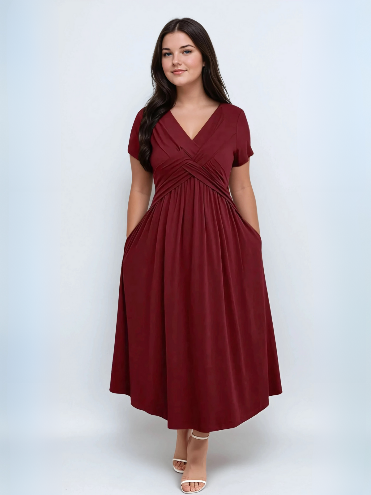 Swinsress de cuello V de talla grande con bolsillos cinturón