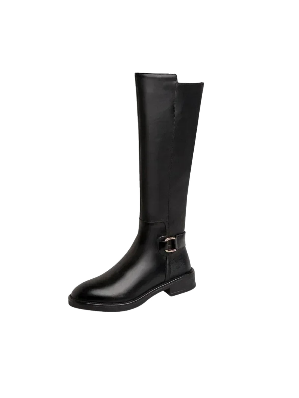 Botas altas hasta la rodilla con hebilla de cinturón y tacón grueso en negro mate