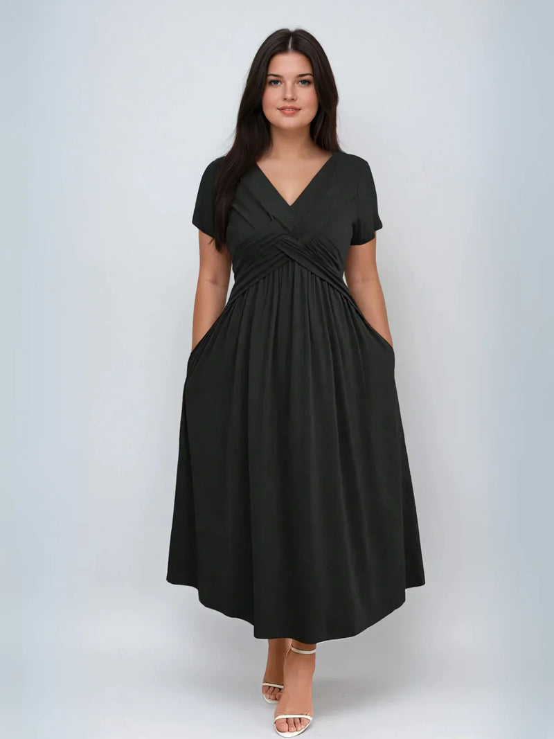 Plus Size V Neck Sundress With Pockets Cinched Waist