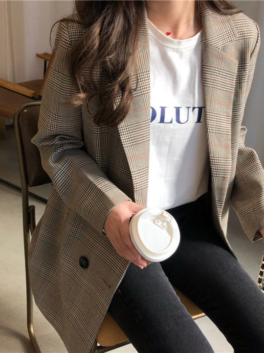 Blazer a cuadros con cuello de estilo sencillo