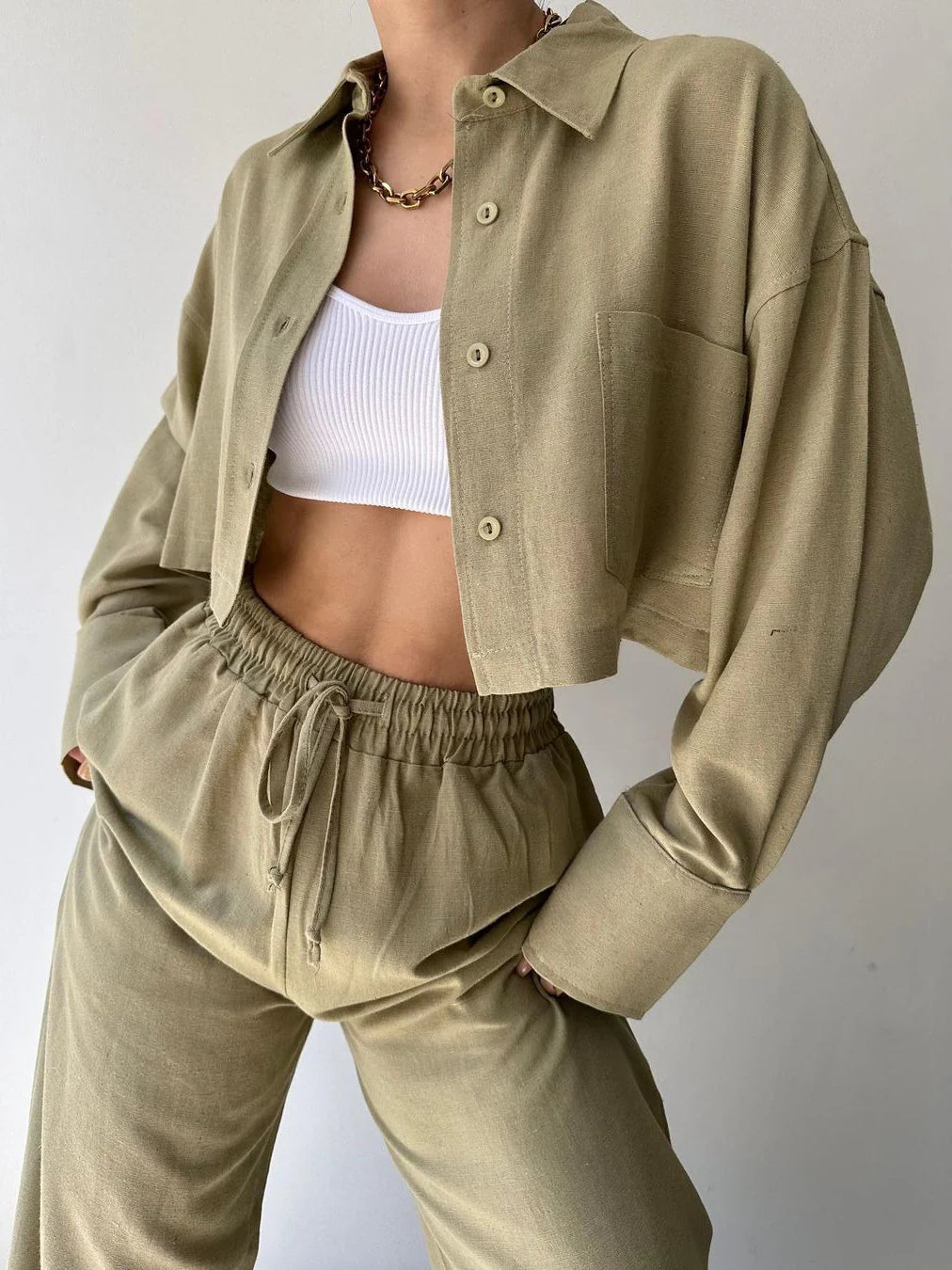 Casual Collared Drawstring Two Piece Pants Set - LA FEMME WANDERER