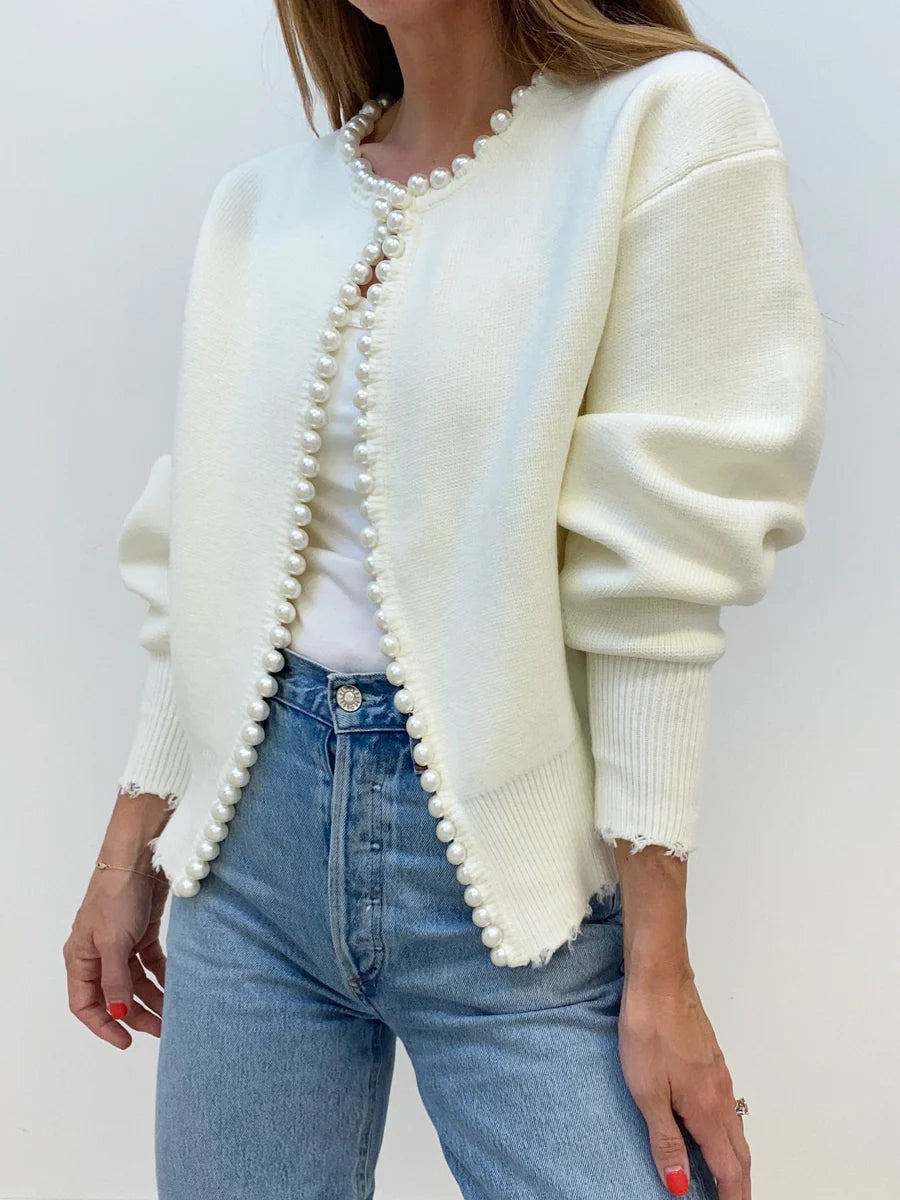 Pearl Trim Ripped Hem Cardigan - LA FEMME WANDERER