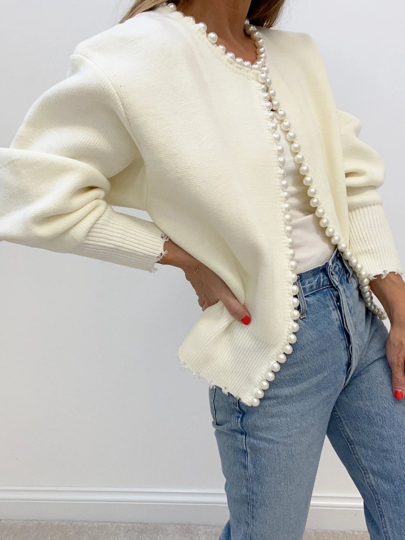 Pearl Trim Ripped Hem Cardigan - LA FEMME WANDERER