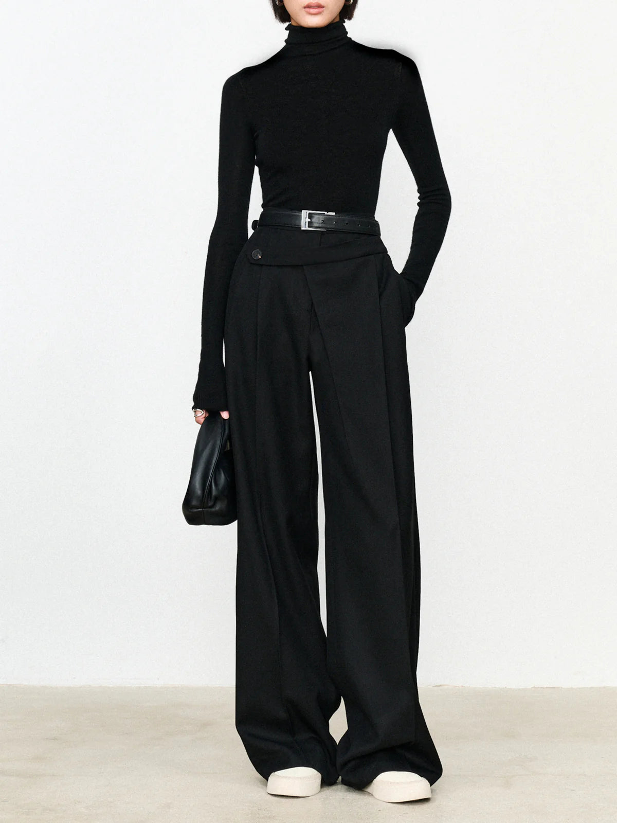 Asymmetric Layer Button Straight Leg Dress Pants - LA FEMME WANDERER
