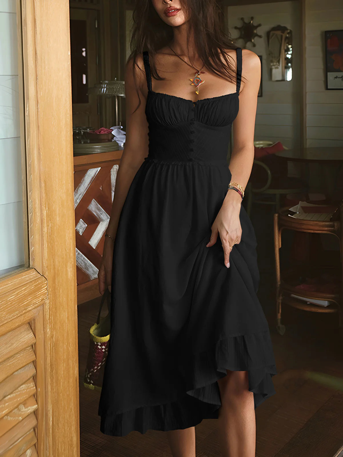 Ruffle Hem Cami Plain Midi Dress - LA FEMME WANDERER