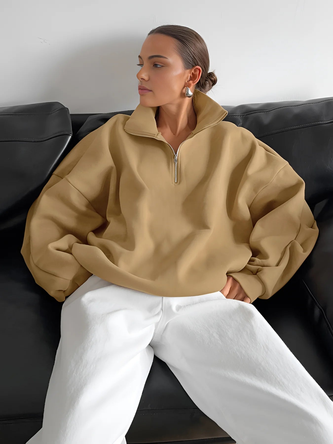 Lapel Zipper Pullover Sweatshirt - LA FEMME WANDERER