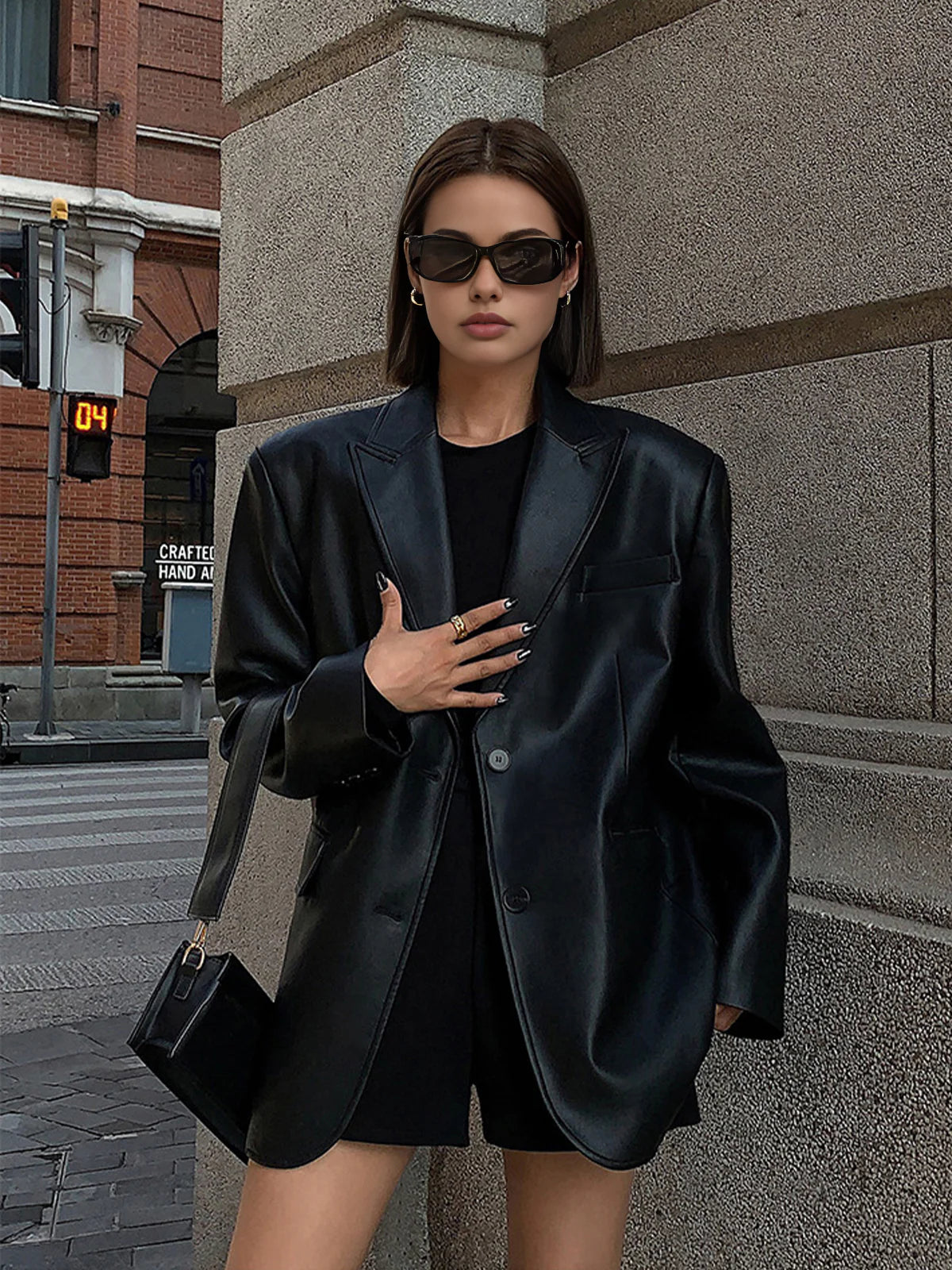 Lapel Pockets Leather Blazer - LA FEMME WANDERER