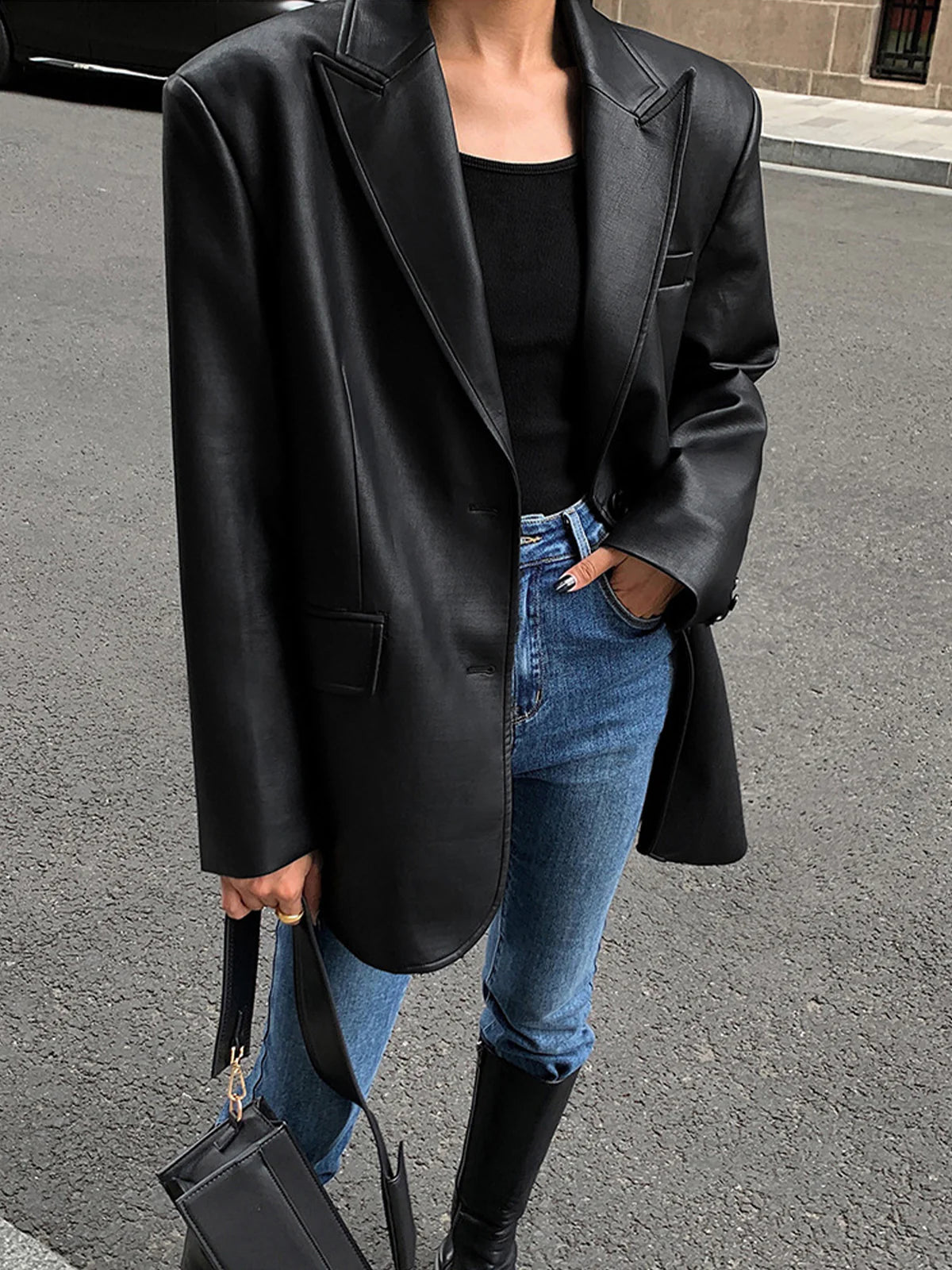Lapel Pockets Leather Blazer - LA FEMME WANDERER