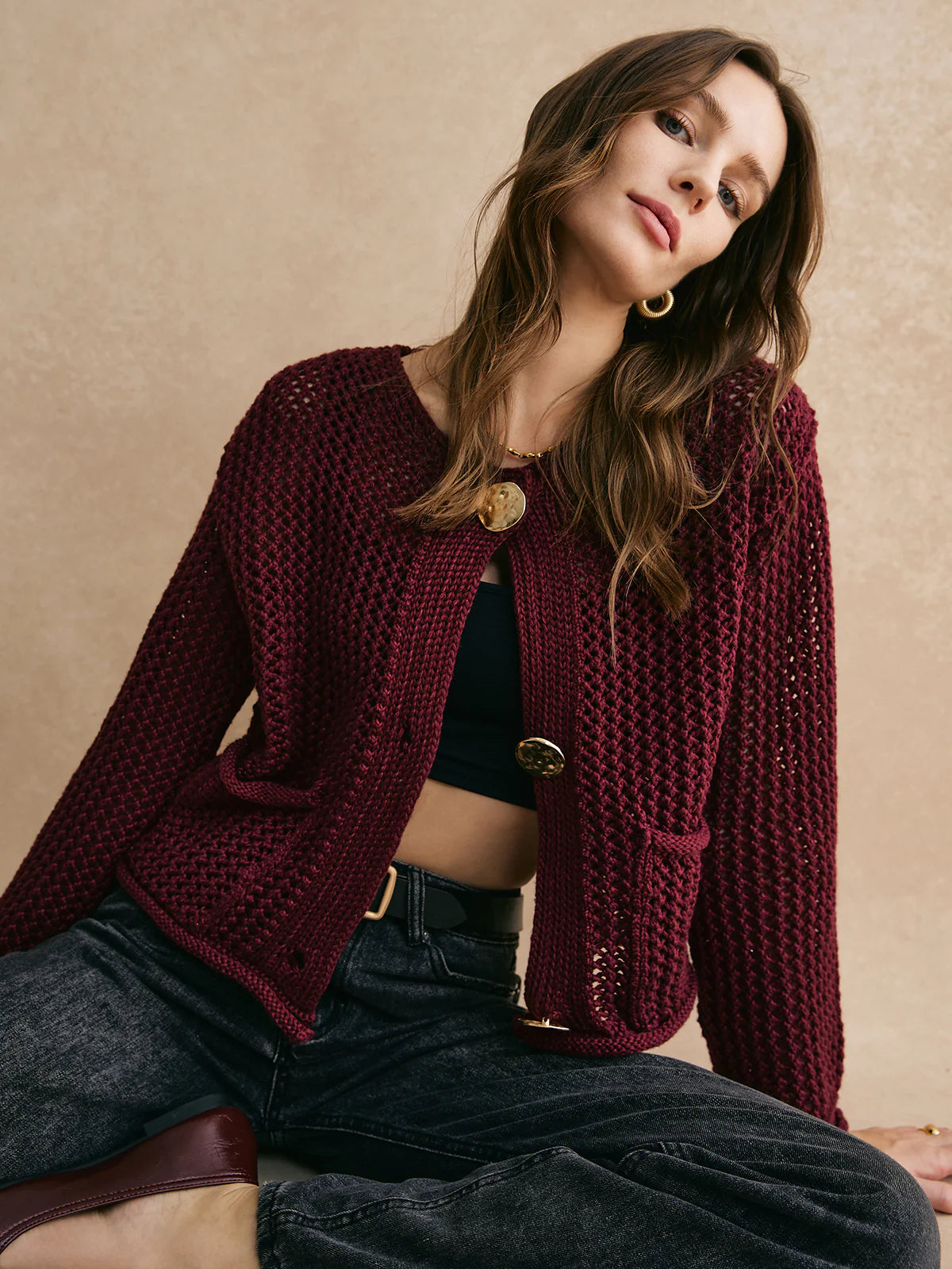 Retro Button Down Hollow Cardigan - LA FEMME WANDERER