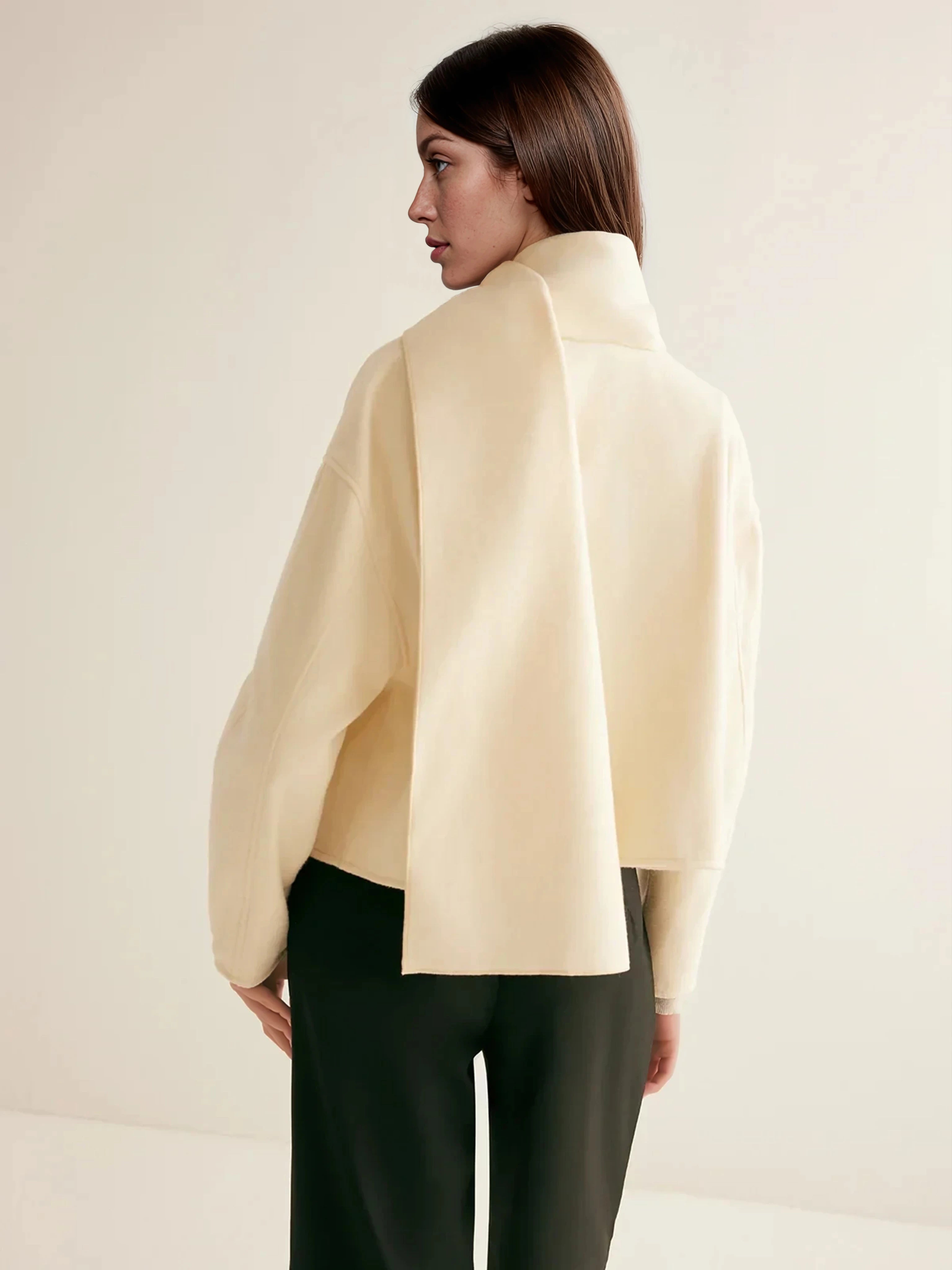 Plain Short Coat With Scarf - LA FEMME WANDERER