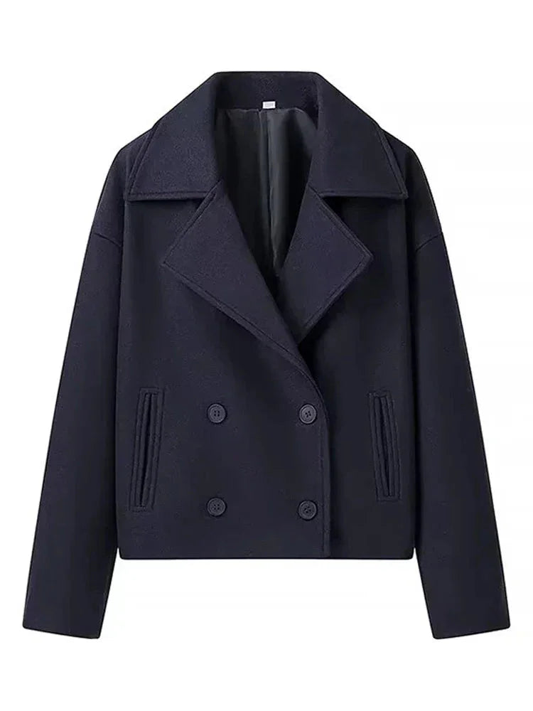 Wool Blend Lapel Double Breasted Long Sleeve Coat