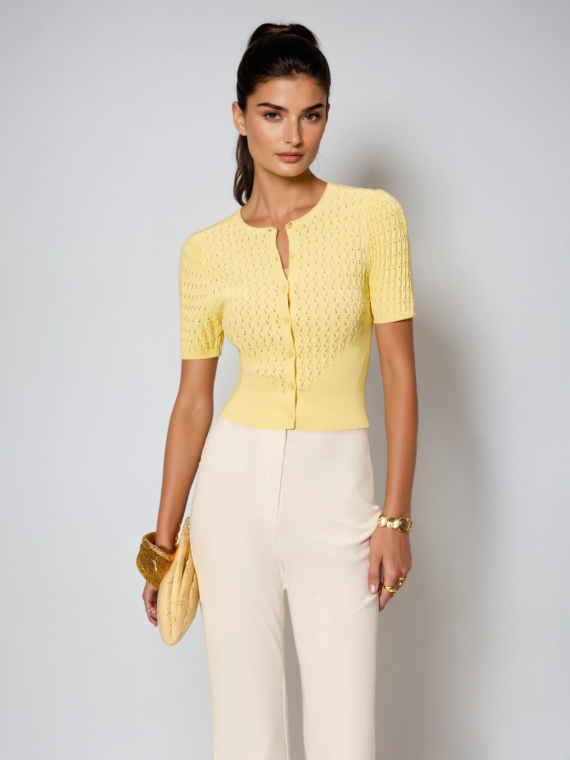 Sweet Lemon Hollow Knit Buttoned Top - LA FEMME WANDERER