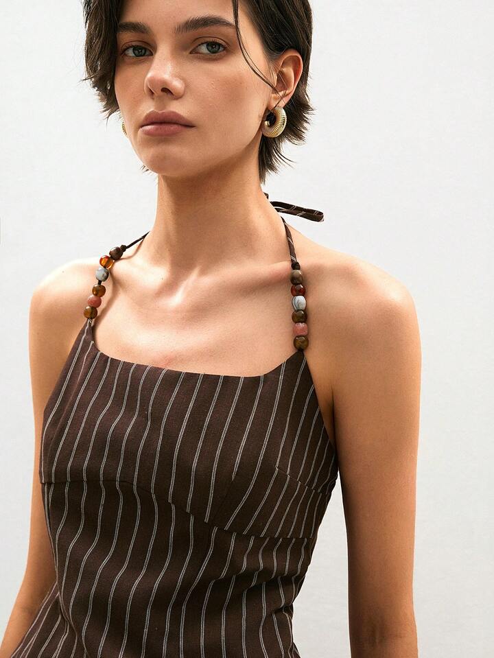 Mocha Pinstripe Beaded Halter Top