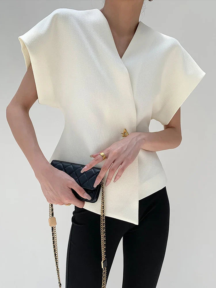 V-Neck Button Down Blouse - LA FEMME WANDERER
