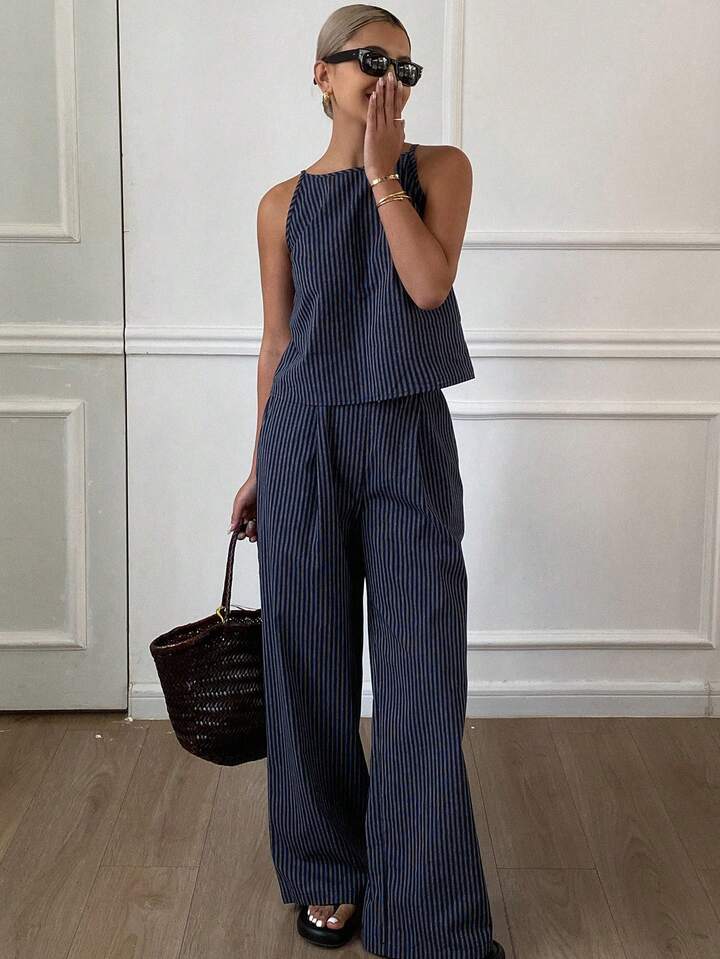 Casual & Chic Navy Blue Striped Matching Set