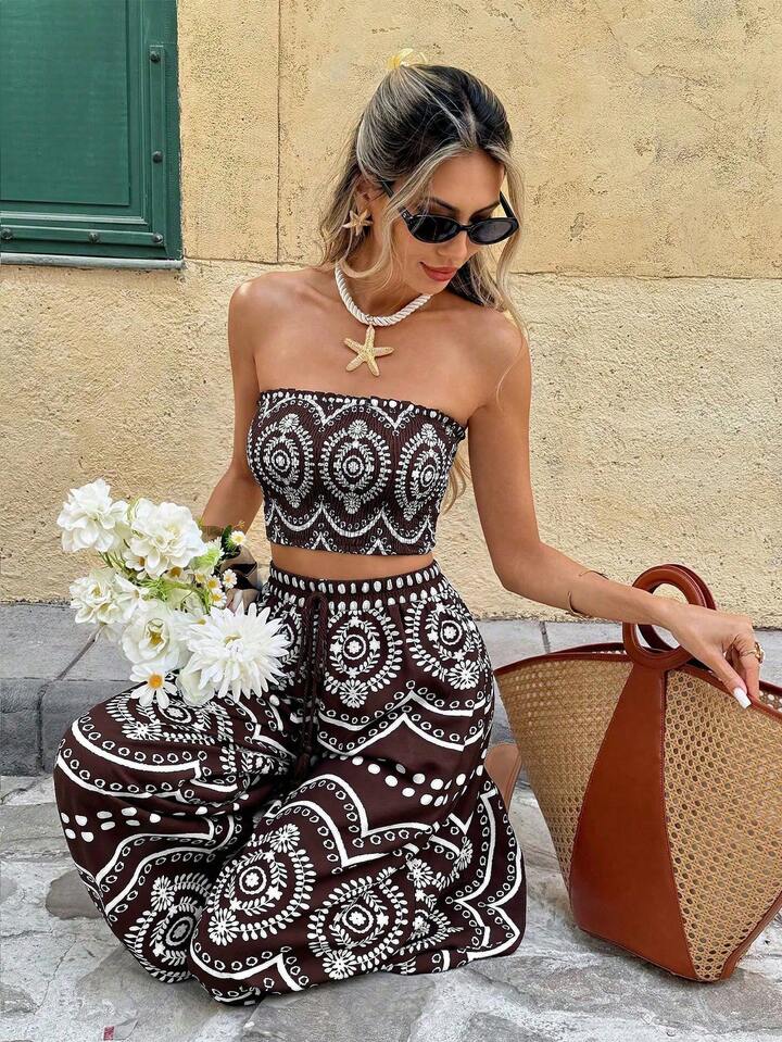 Boho Chic Strapless Crop Top & Wide-Leg Pants Co-Ord