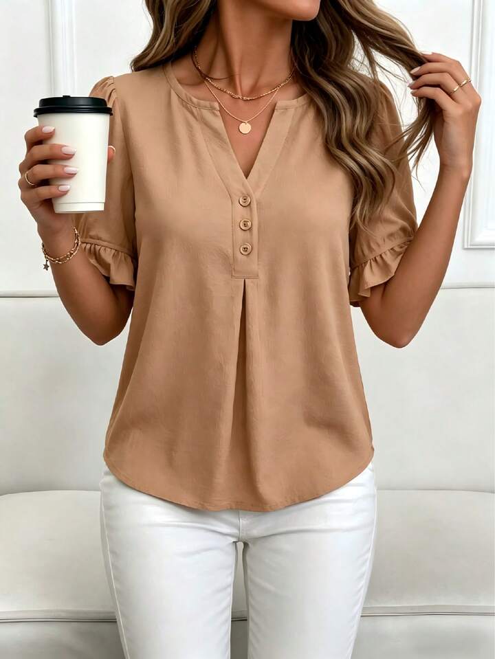 Timeless Feminine Top with Soft Ruffle Sleeve Accents